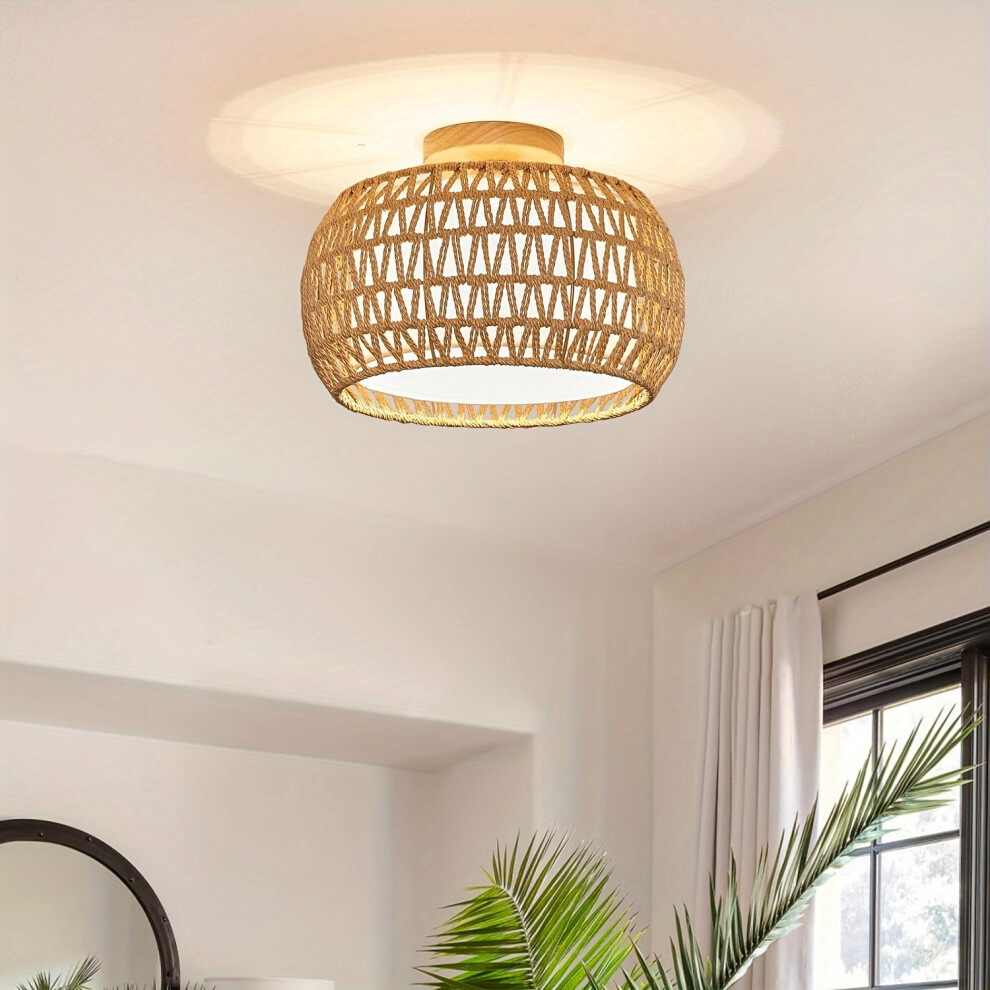 (Brown) 1pc Bohemian Handwoven Rattan Flush Mount Ceiling Light Fixture