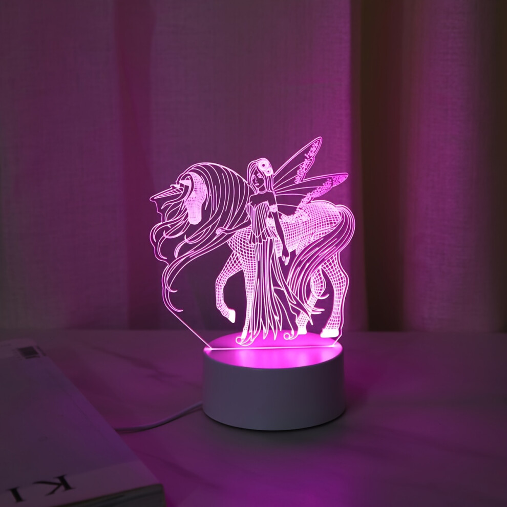 (3D Night Light) Pink 3D Vision Acrylic Elf Unicorn Glowing Night Light, Gift Atmosphere Light