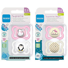 MAM Dental Dummy Supreme 0-6 Months, Pack of 4, Girls, Orthodontic Soother, Thin Teat, Skin-Friendly with Extra air Flow, incl. Travel case