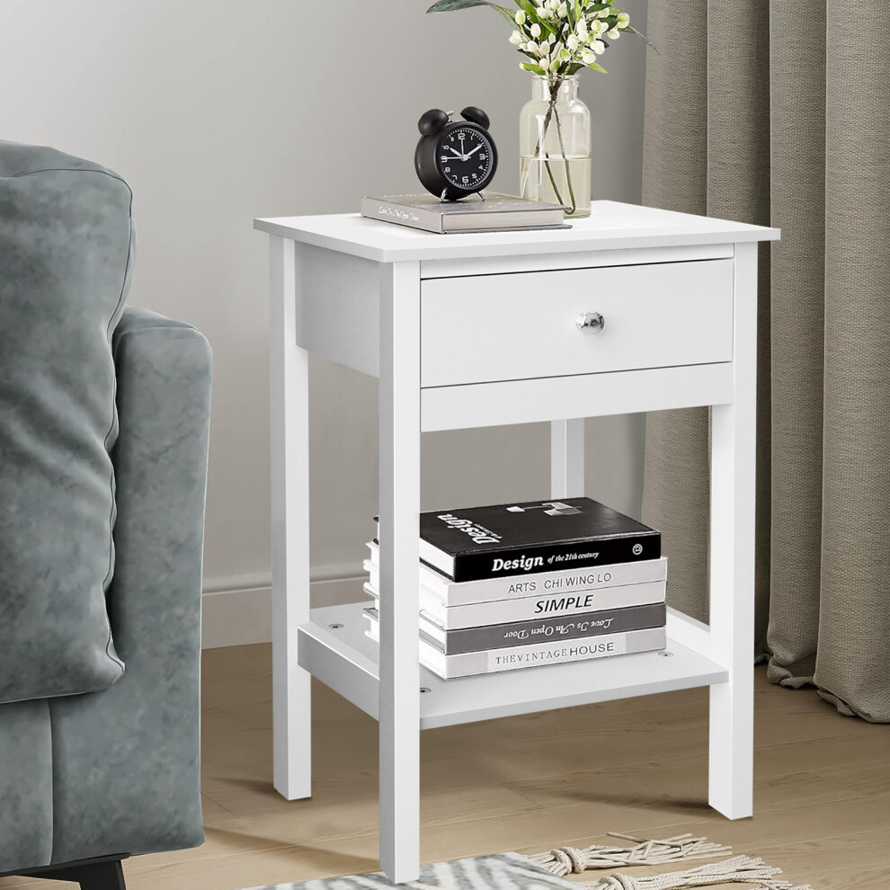 Bedside Table Wooden Side Table Nightstand Cabinet Storage Unit with Drawers & Shelf White