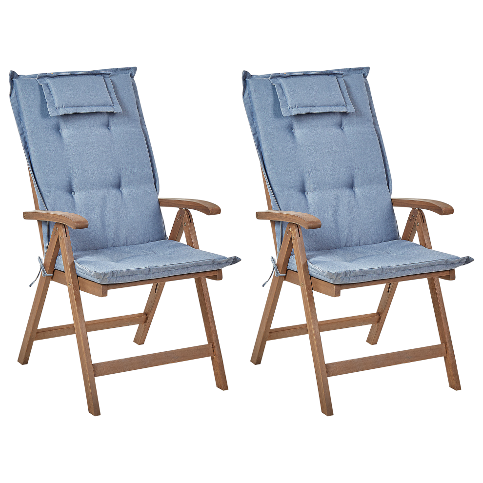 Set of 2 Garden Chairs with Cushions AMANTEA Acacia Wood Blue