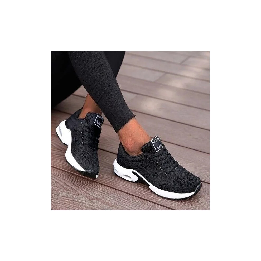 (Black, UK 4 / EU 37 / US 6) Ladies Trainers Running Shoes Womens Lace Up Flat Comfy Fitness Gym Sports Size
