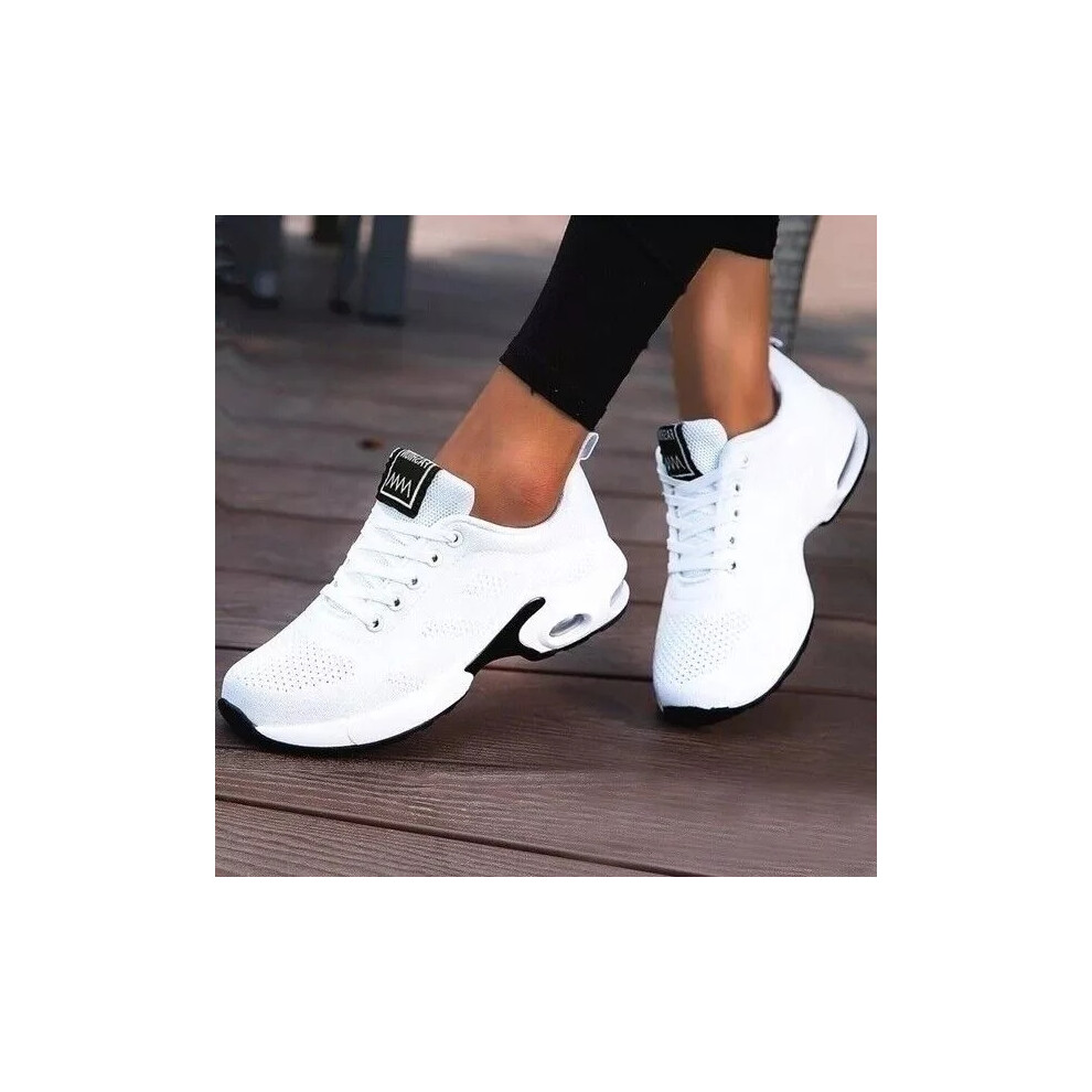 (White, UK 8 / EU 42 / US 10) Ladies Trainers Running Shoes Womens Lace Up Flat Comfy Fitness Gym Sports Size