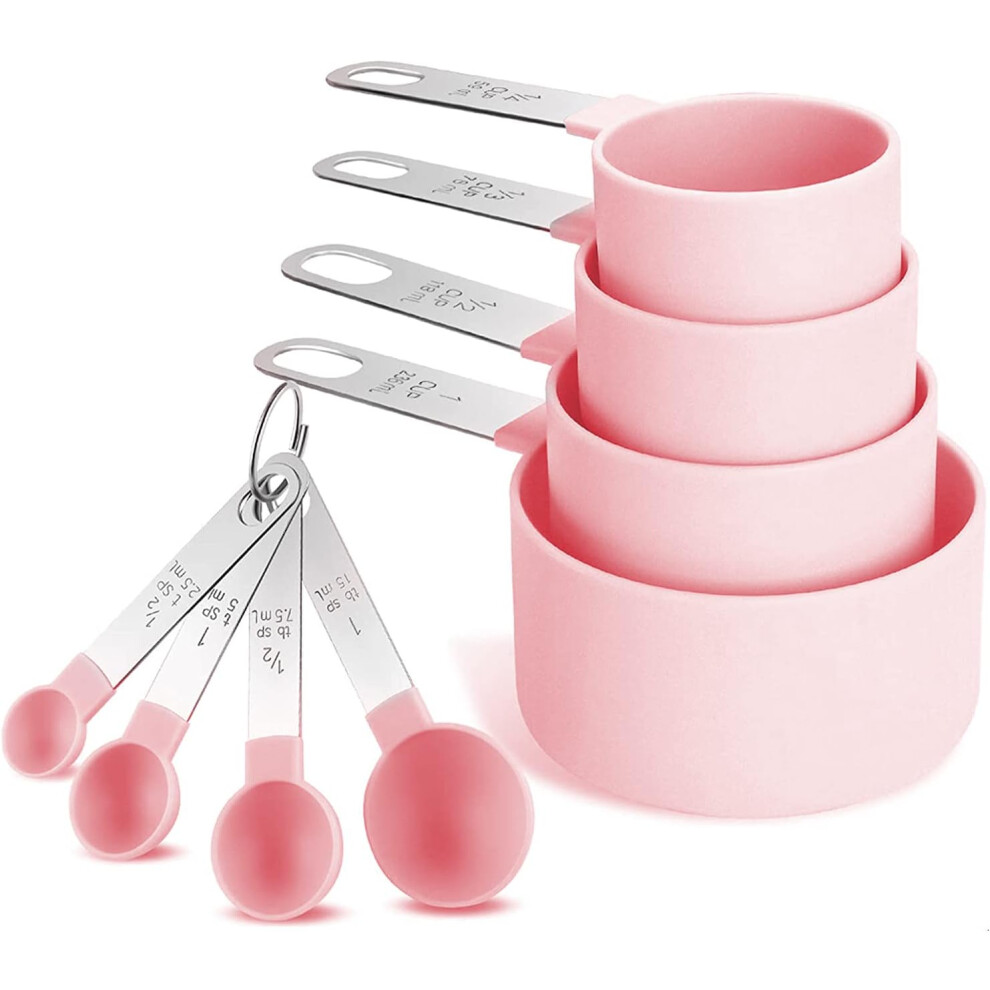 Chronus 8-Piece Measuring Cup and Spoon Set, Stainless, Plastic Head (Pink)