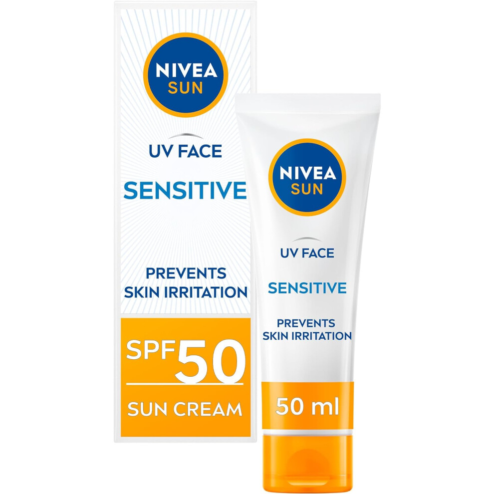 NIVEA Sun UV Face Sensitive SPF 50 Cream 50ml Sunscreen Protects Against UVA/UVB Rays and Premature Skin Ageing Sun Cream for Sensitive Facial Skin