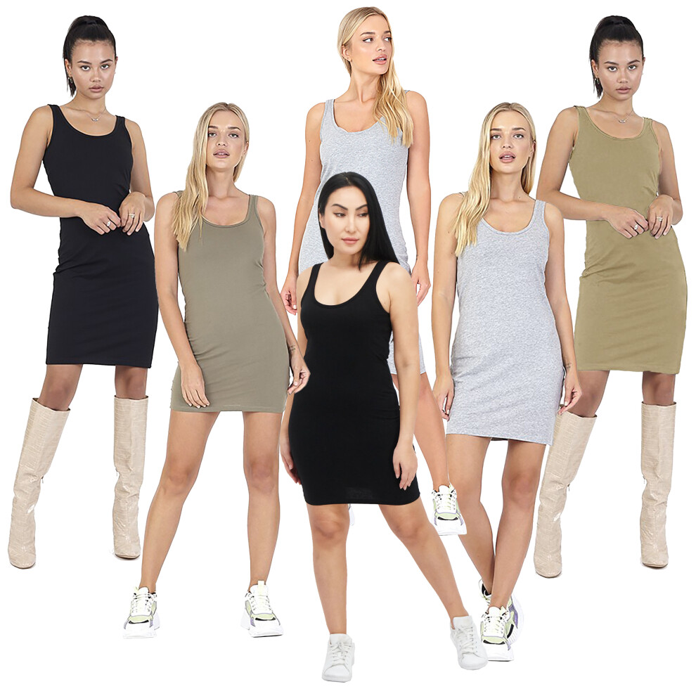 (Khaki Womens Sleeveless Cotton Scoop Neck Dress, XS) Womens Brave Soul Bodycon Mini Or Midi Dress