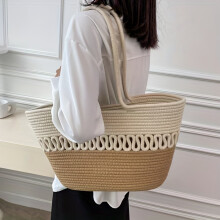 (A) Knitting Fabric Beach Bag Large Capacity Handmade Straw Summer Holiday Leisure Bag