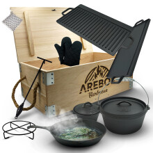 AREBOS Dutch Over BBQ Set made of cast iron with wooden box including protective glove