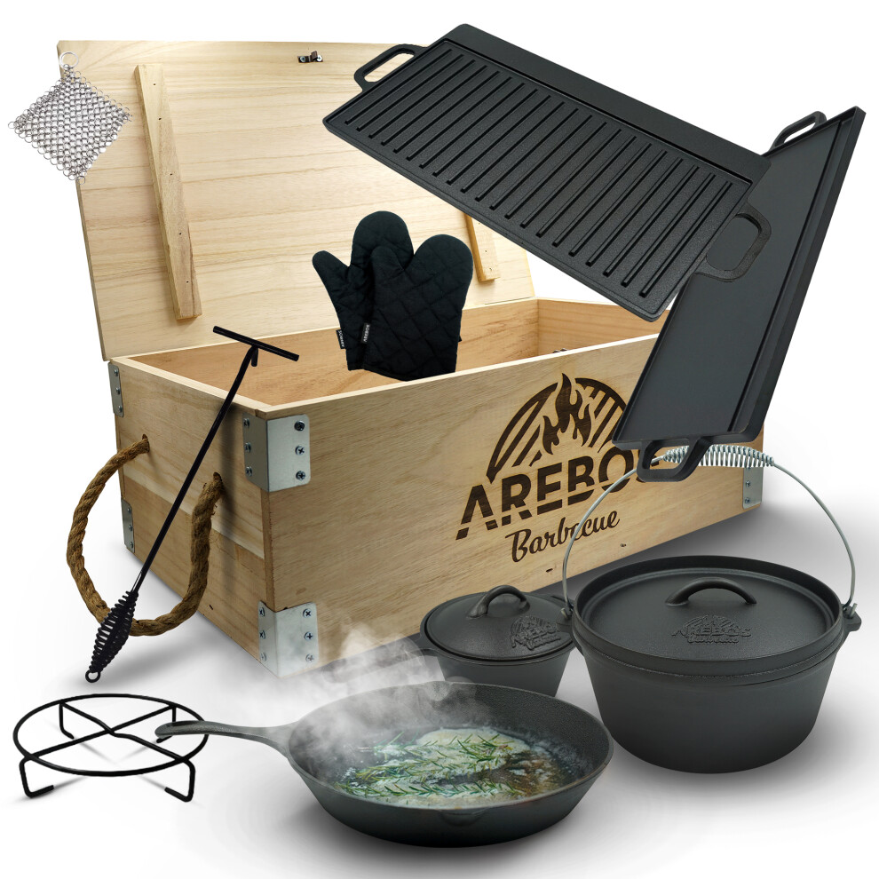 AREBOS Dutch Over BBQ Set made of cast iron with wooden box including protective glove