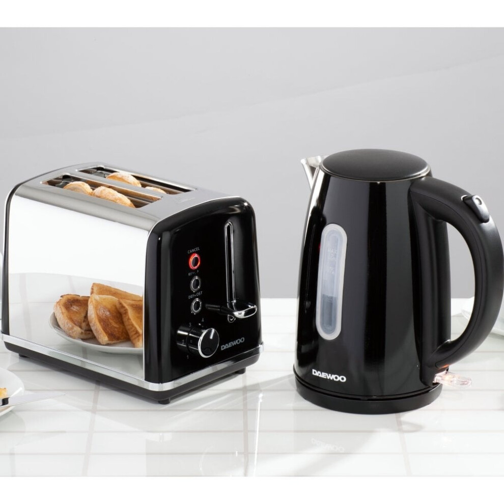 (Black) Daewoo Kensington 1.7L 3KW Jug Kettle & 2 Slice Toaster Matching Set Combo Pack Bundle Stainless Steel Rapid Boil Reheat Defrost