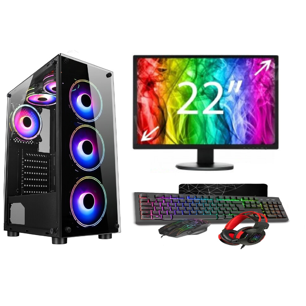 Gaming Pc Bundle:core I7/ 16Gb Ram/ 1Tb+128Gb Ssd/ Gt1030 2Gb/22 Monitor/ Win 10 Black 5060967328697