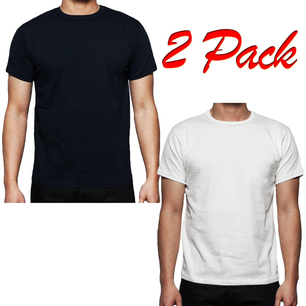 (2 Pack - White Navy, M) 2Pack Men Plain TShirts Crew Neck Short Sleeve Top