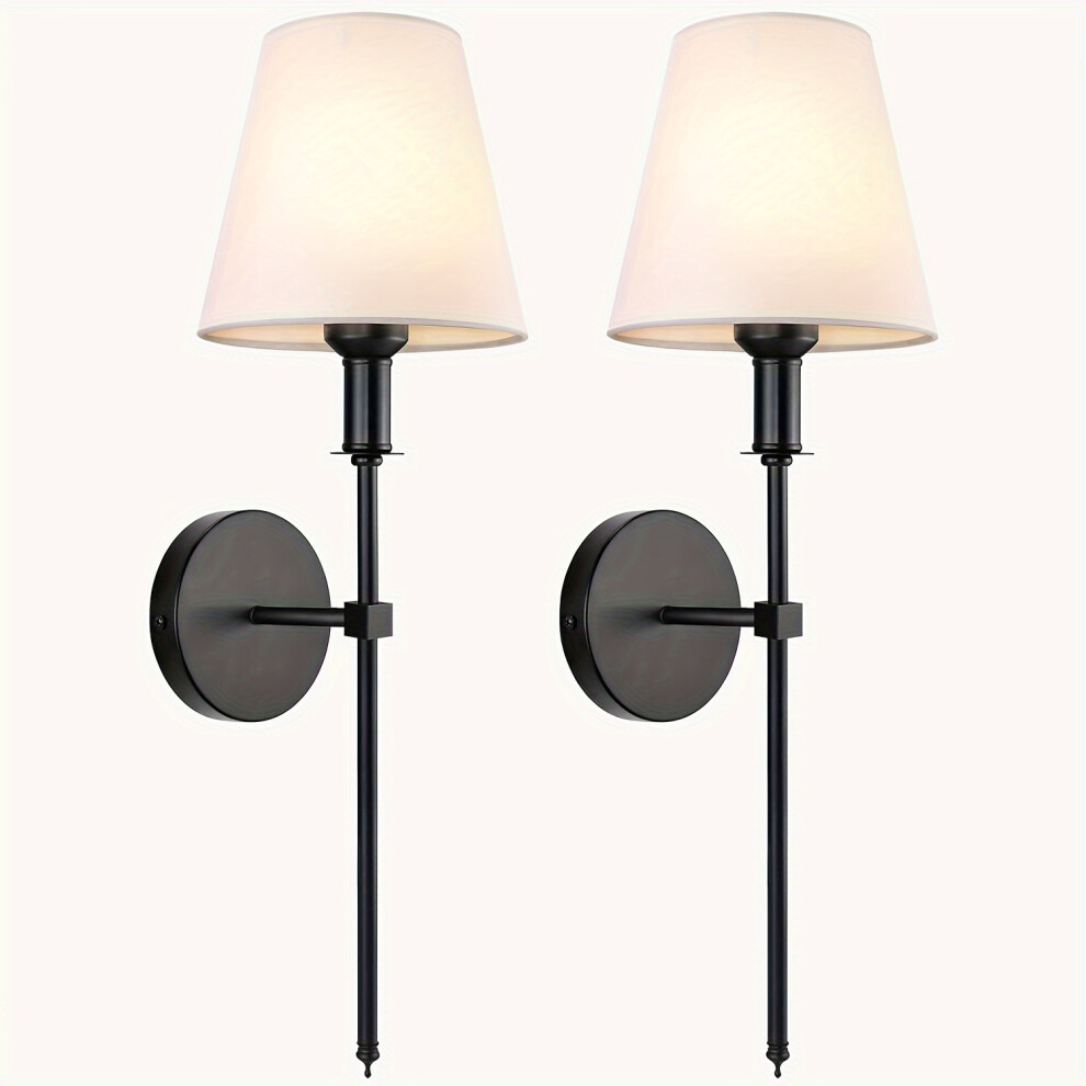 (Black) 2pcs Wall Lamp Set, Retro Industrial Wall Lamp Table, White Fabric Shade, Without Bulb