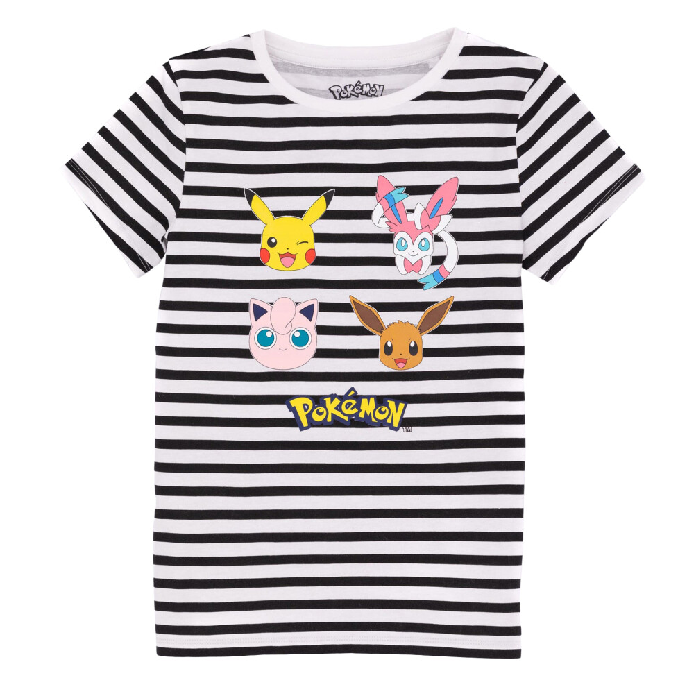 (5-6 Years, White/Black) Pokemon Girls Striped T-Shirt