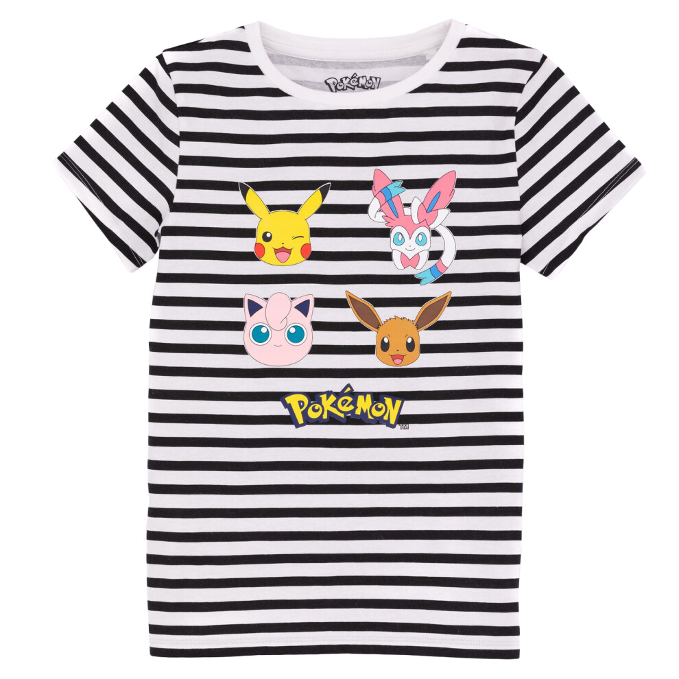 (11-12 Years, Black/White) Pokemon Girls Striped T-Shirt