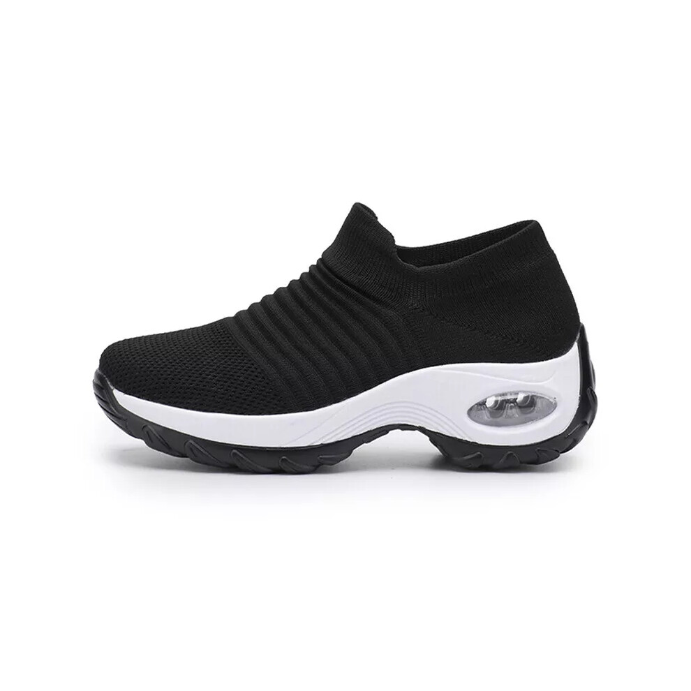 (Black White, UK 7) Womens Ladies Sock Trainers Sneakers Slip On Jogging Pumps Plimsole Shoes Sizes