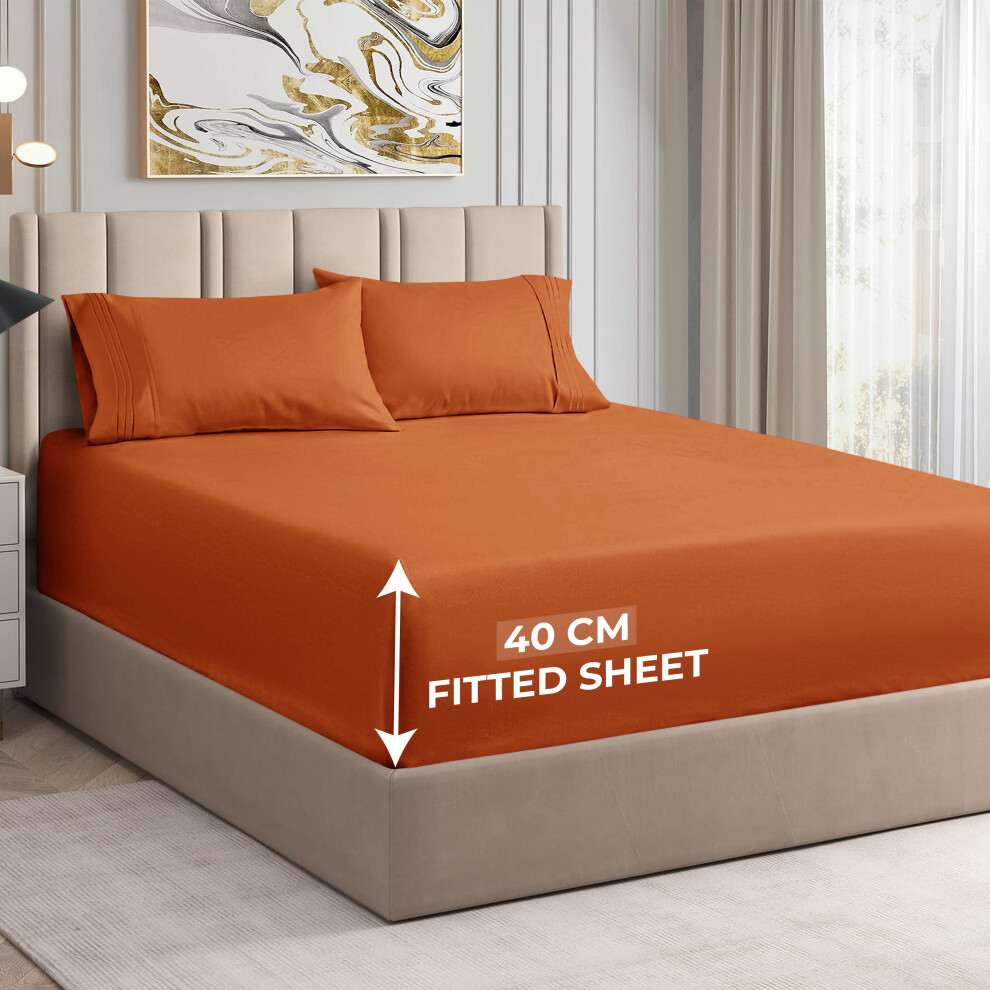 (Rust/Orange, Super King) 40Cm Extra Deep Fitted Sheet Bed Mattress Sheets