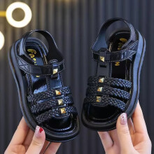 (Black, UK8.5 Kids) Kids Girls Summer Rivet Sandals Strappy Holiday Beach Princess Roman Shoes Size