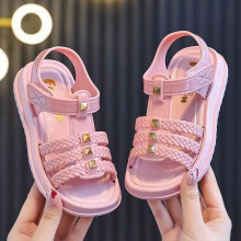(Pink, UK1.5) Kids Girls Summer Rivet Sandals Strappy Holiday Beach Princess Roman Shoes Size