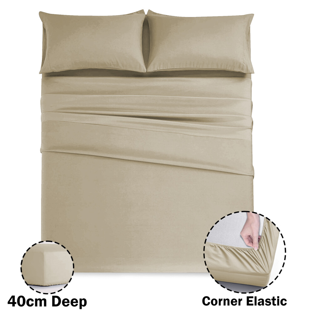 (Beige, Double) Extra Deep 40CM Fitted Sheet Bed Sheets Single Double King