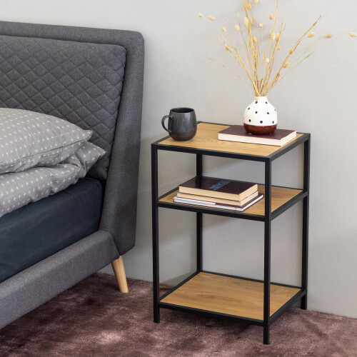 Seaford Black Metal Bedside Table with 2 Oak Shelves 2