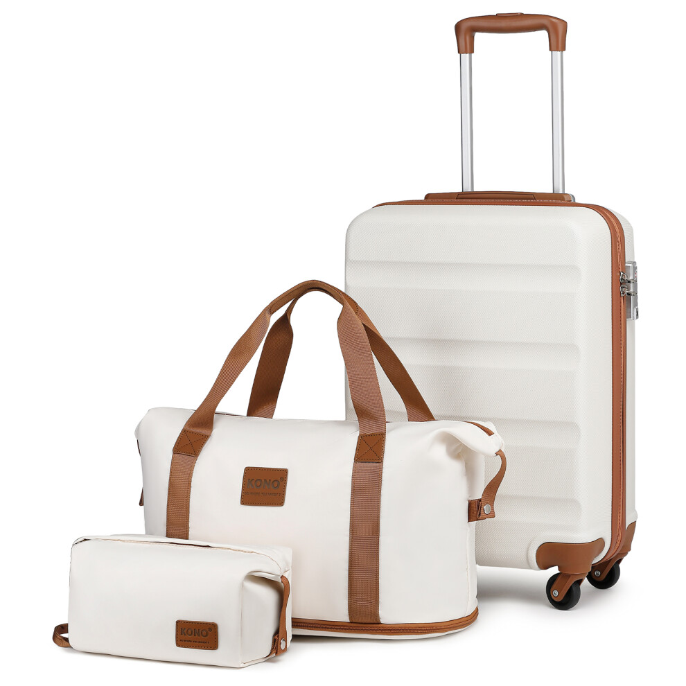 Kono (24 Inch + Two Bags) Cream Abs Hard Shell Suitcase With Tsa Lock, Duffel Bag And Toiletry Bag