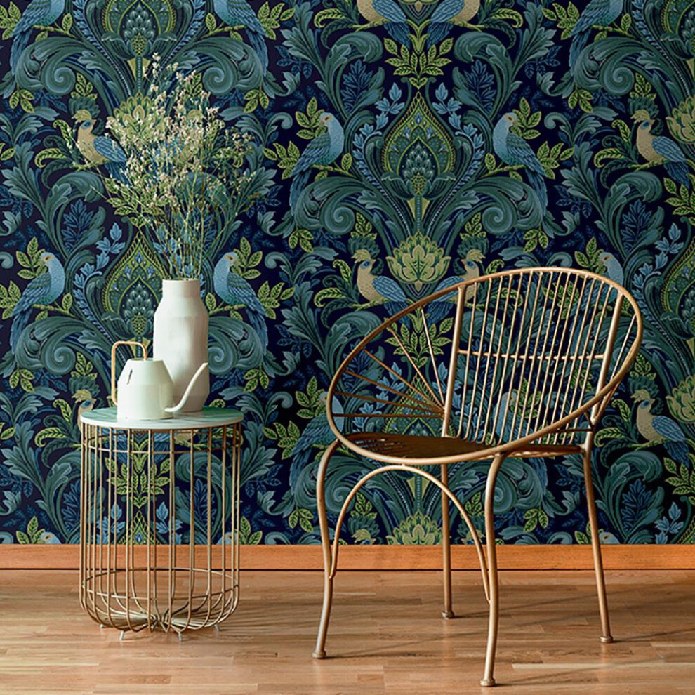 Grandeco Arcadia Wallpaper Birds Leaves Naturistic Textured Green