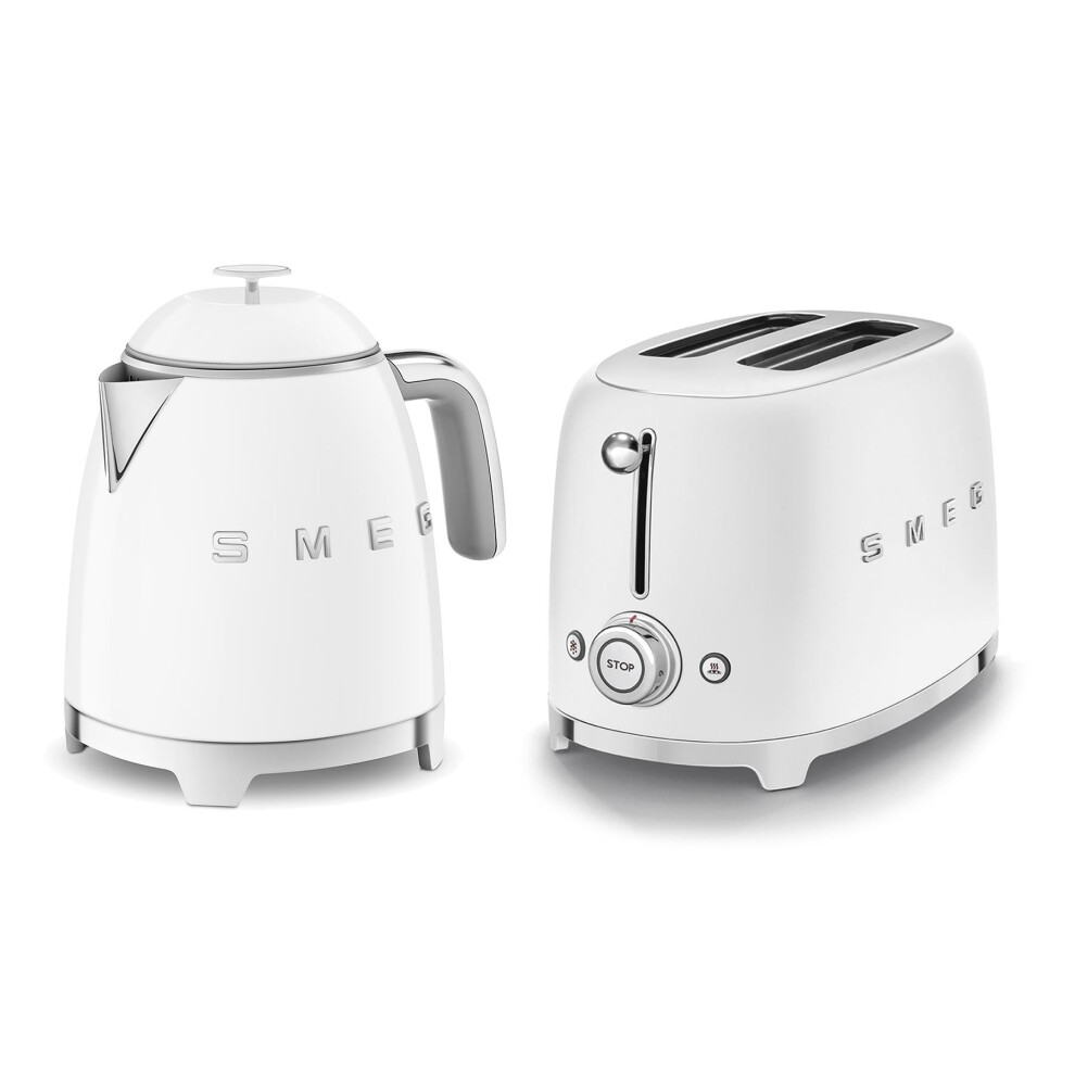 Smeg 50s Style Retro Range Breakfast Set, 0.8L 1400W Mini Kettle & Multi-Functional Control 4-Slice 2000W Toaster, White, KLF05WHUK/ TSF03WHUK