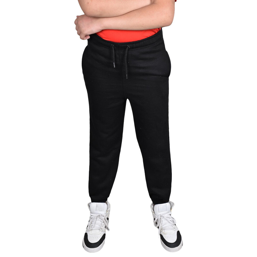 (Black, UK 7 - 8 Years) Kids Girls Boys Fleece Comfy Plain Jogging Bottoms