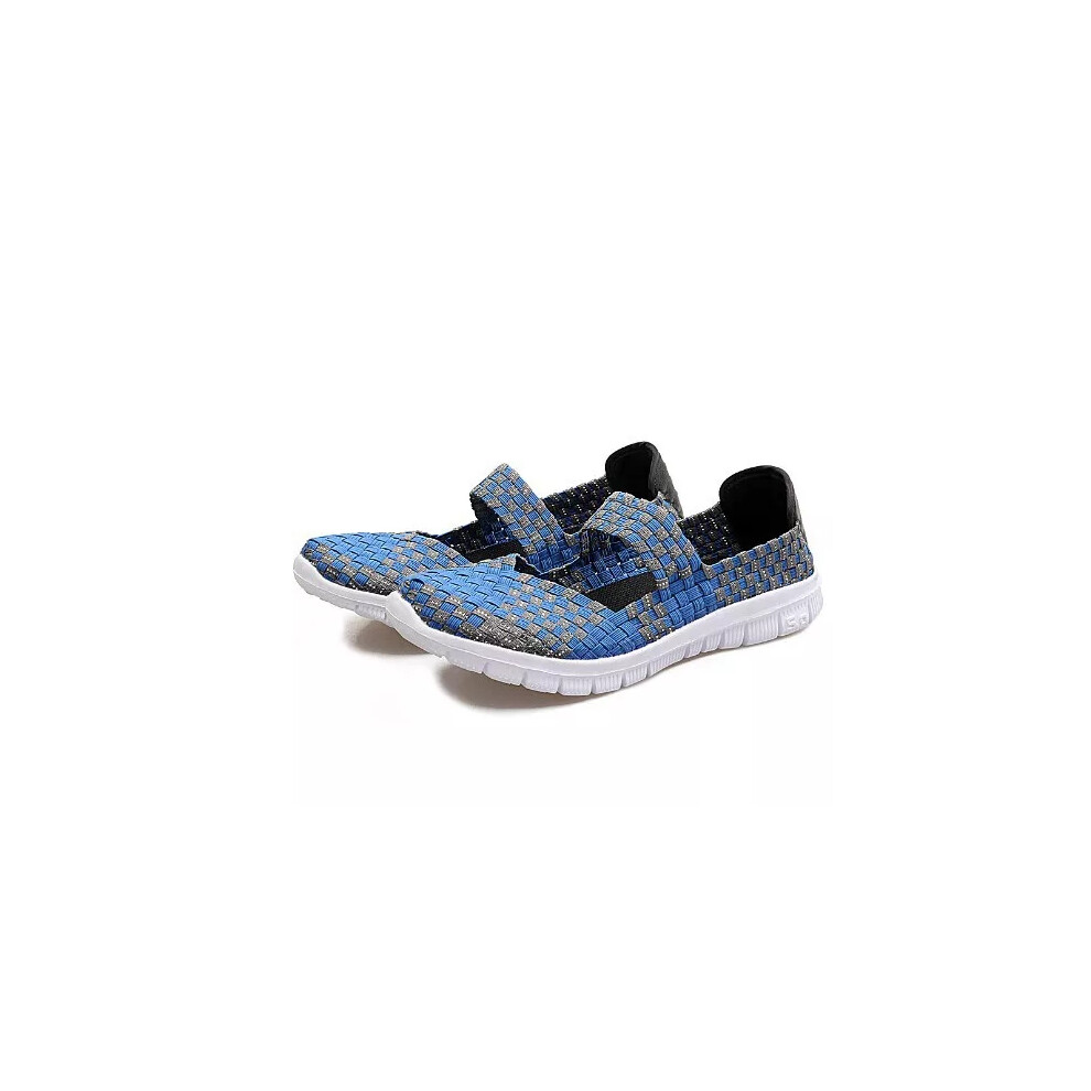 (Blue&Grey, EU 38) Womens Flat Sandals Trainers Ladies Casual Beach Woven Elasticated Shoes Slip On