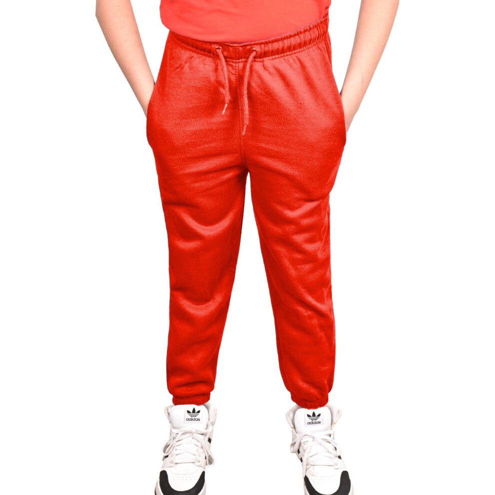 (Red, UK 7 - 8 Years) Kids Girls Boys Fleece Comfy Plain Jogging Bottoms