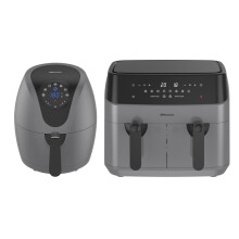 Emtronics 4.5L & 9L Grey Air Fryer Set - 9L Dual Basket, 8 Presets, 80% Less Fat, Removable Baskets
