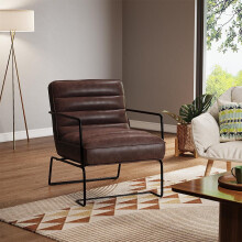 (Brown) Mid-Century PU leather Linen Armchair with Metal Base
