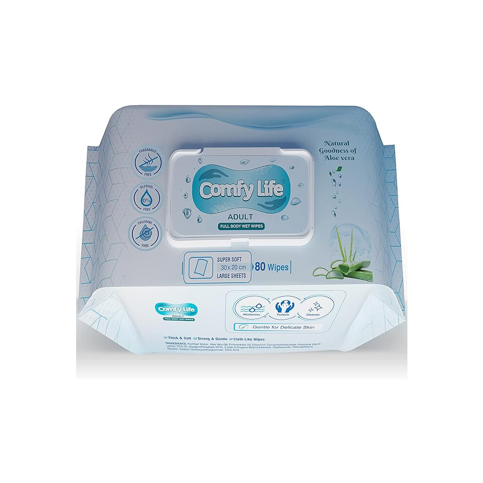 COMFY LIFE Premium Full Body Cleansing Wet Wipes For Adults Fresh-feel Rinse-free Fragrance-free Bed Bath Intimate-care Soft Sheets (1 Pack (80 Wipes)