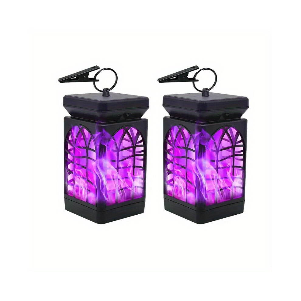 (Purple, 2 PACK) Solar Lantern, Waterproof Solar Outdoor Lights With Flickering Flame Outdoor Lighting