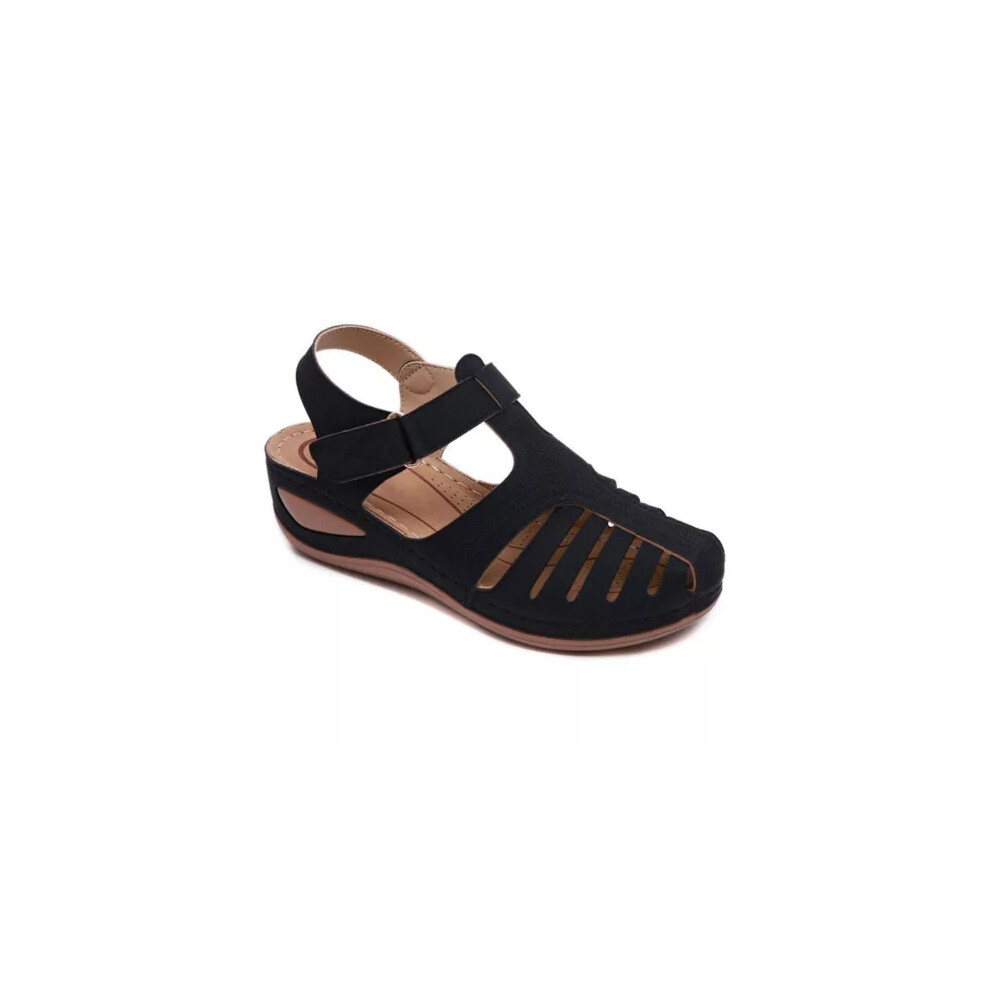 (Black, UK 3) Womens Summer Low Wedge Sandals Ladies Orthopedic Closed Toe Slippers Shoes *//