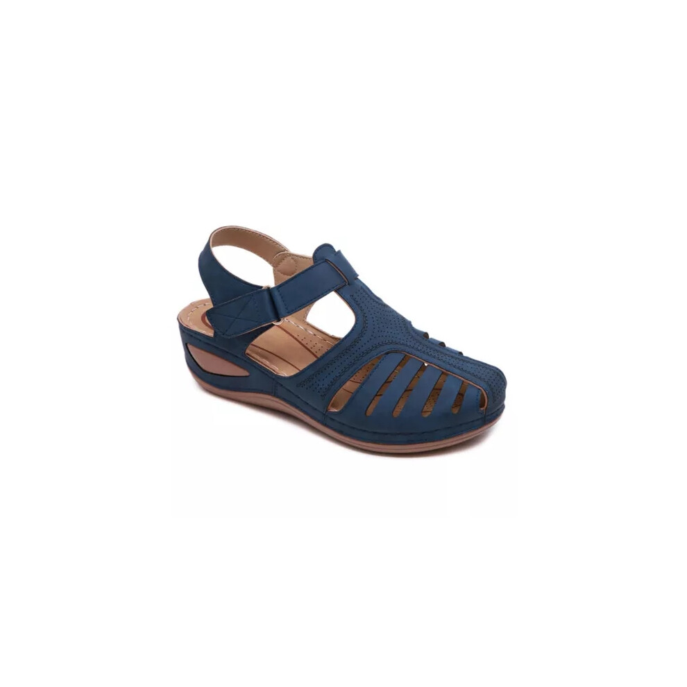 (Blue, UK 6) Womens Summer Low Wedge Sandals Ladies Orthopedic Closed Toe Slippers Shoes *//