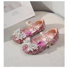 (pink, UK7,EUR25.Kids,16.5cm/6.49in( Inner length)) New Girls Pearl crystal stone Kids fashion lovely Shoes Glitter Children heels