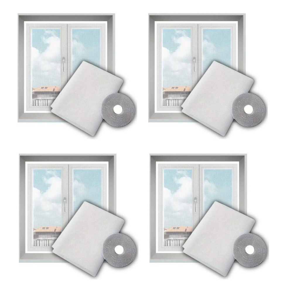 4 White Window Fly Net Mesh Insect Screen Hook Loop Tape 150 x 130cm