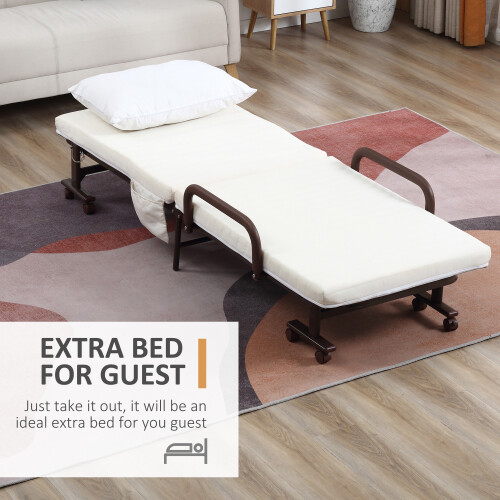 Homcom HOMCOM Folding Bed with Mattress & Wheels, Adjustable Backrest Guest, White 2