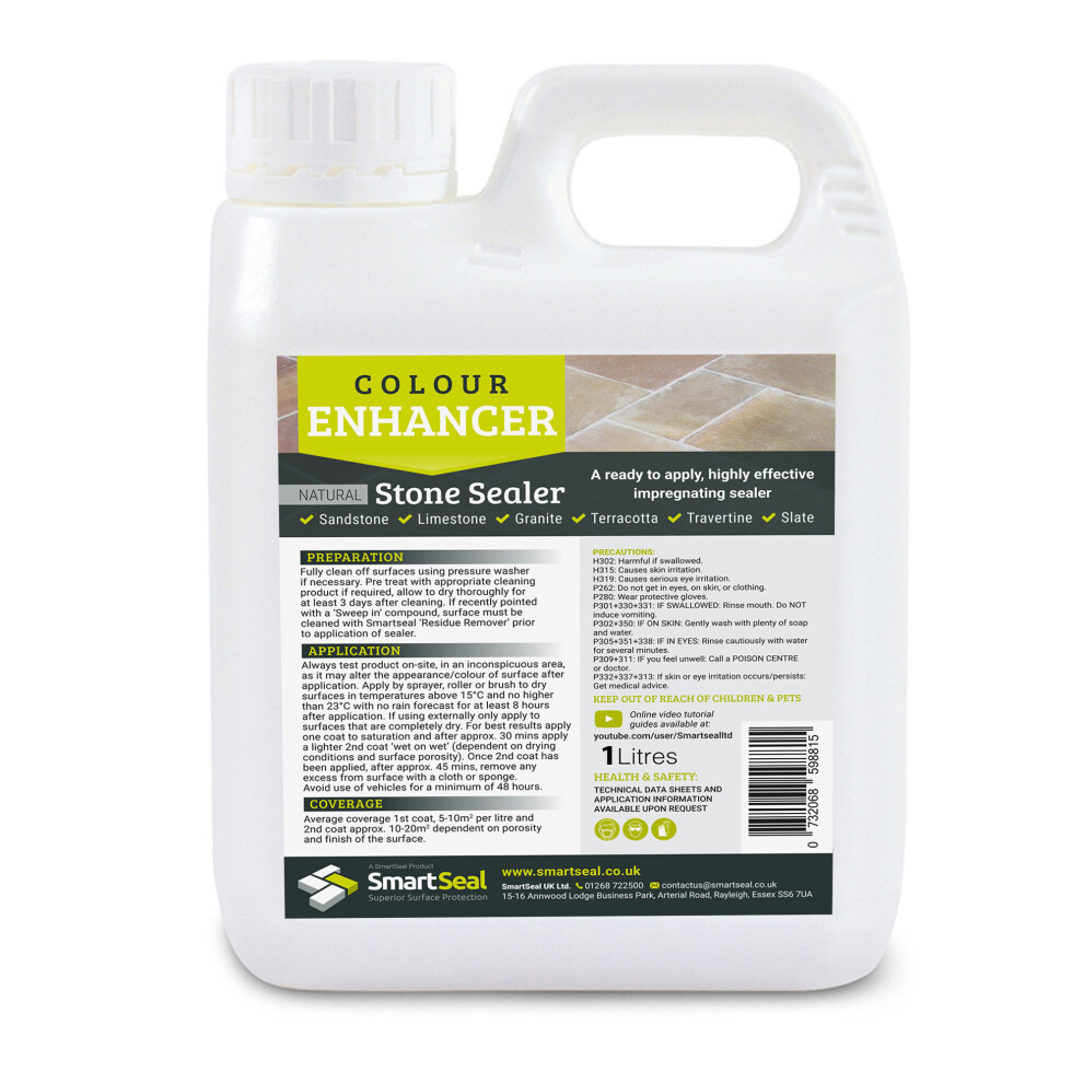 (1 Litre) Smartseal Natural Stone Sealer - Colour Enhancing Finish - Wet Look Patio Sealer & Stone Sealer for Sandstone, Limestone, Granite, Travertine & Slate