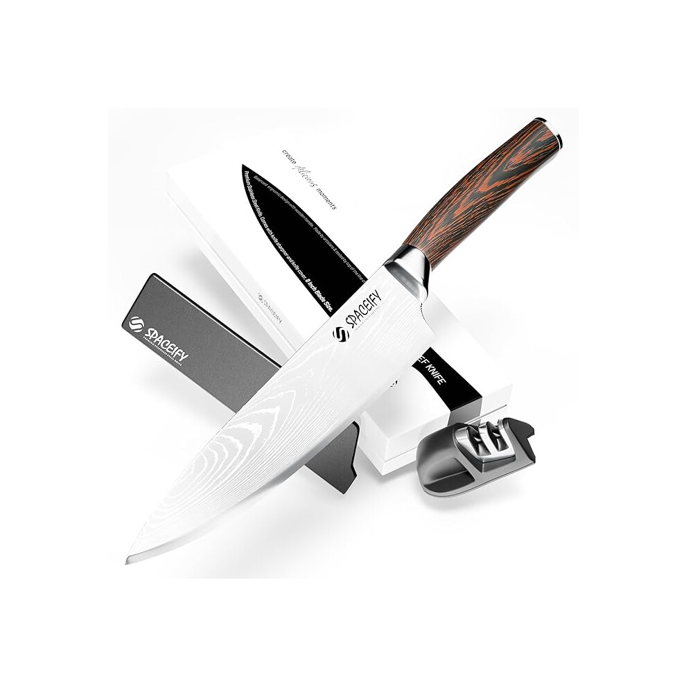 SPACEIFY 8" Chef Knife Pakkawood Handle Kitchen Knife Sharpener Sheath