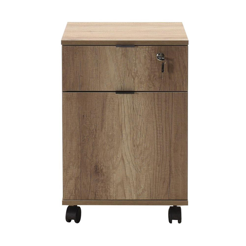 FWStyle Textured Warm Oak Home Office Storage unit on castors with lockable drawer.