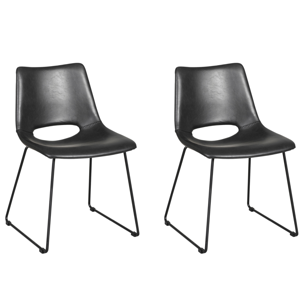 Pair Faux Leather Dining Chairs Padded Seat Kitchen Chair Set Metal Legs - Black