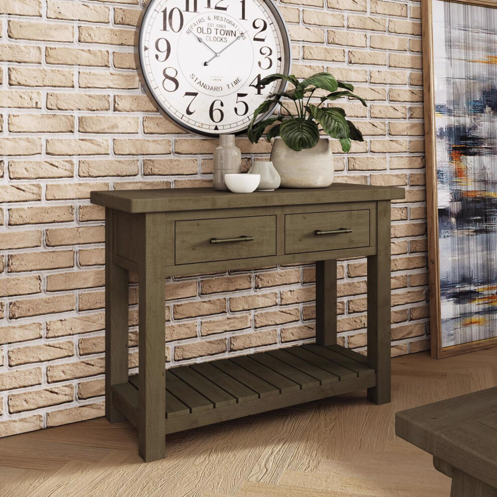 FWStyle Console Table Reclaimed Pine 2 Drawers 1 Shelf Rustic Driftwood Finish