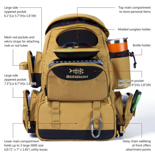 KHAKI Bassdash Fishing Backpack Rucksack Bag Tackle Box Deep sea carp bass for reels lines bait rods camping on OnBuy