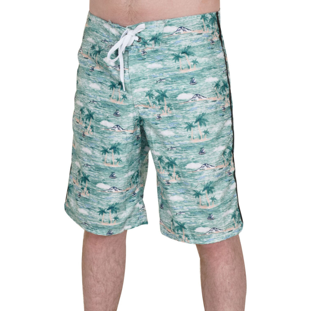 (Aqua, 32) Mens Summer Swim Hawaiian Flat Front Beach Shorts