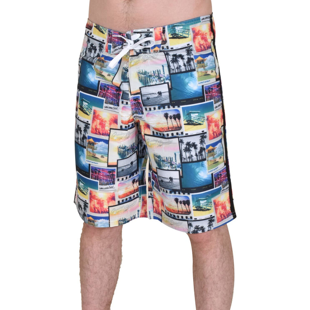 (Multi, 32) Mens Summer Swim Hawaiian Flat Front Beach Shorts