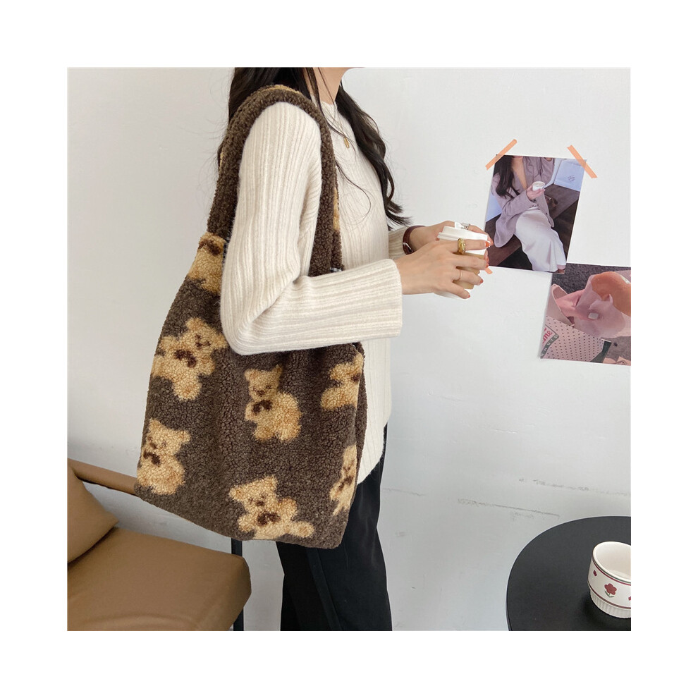(Dark Brown) Teddy Plush Soft Bear Reversible Shoulder Bag Versatile For Daily Use And Shopping