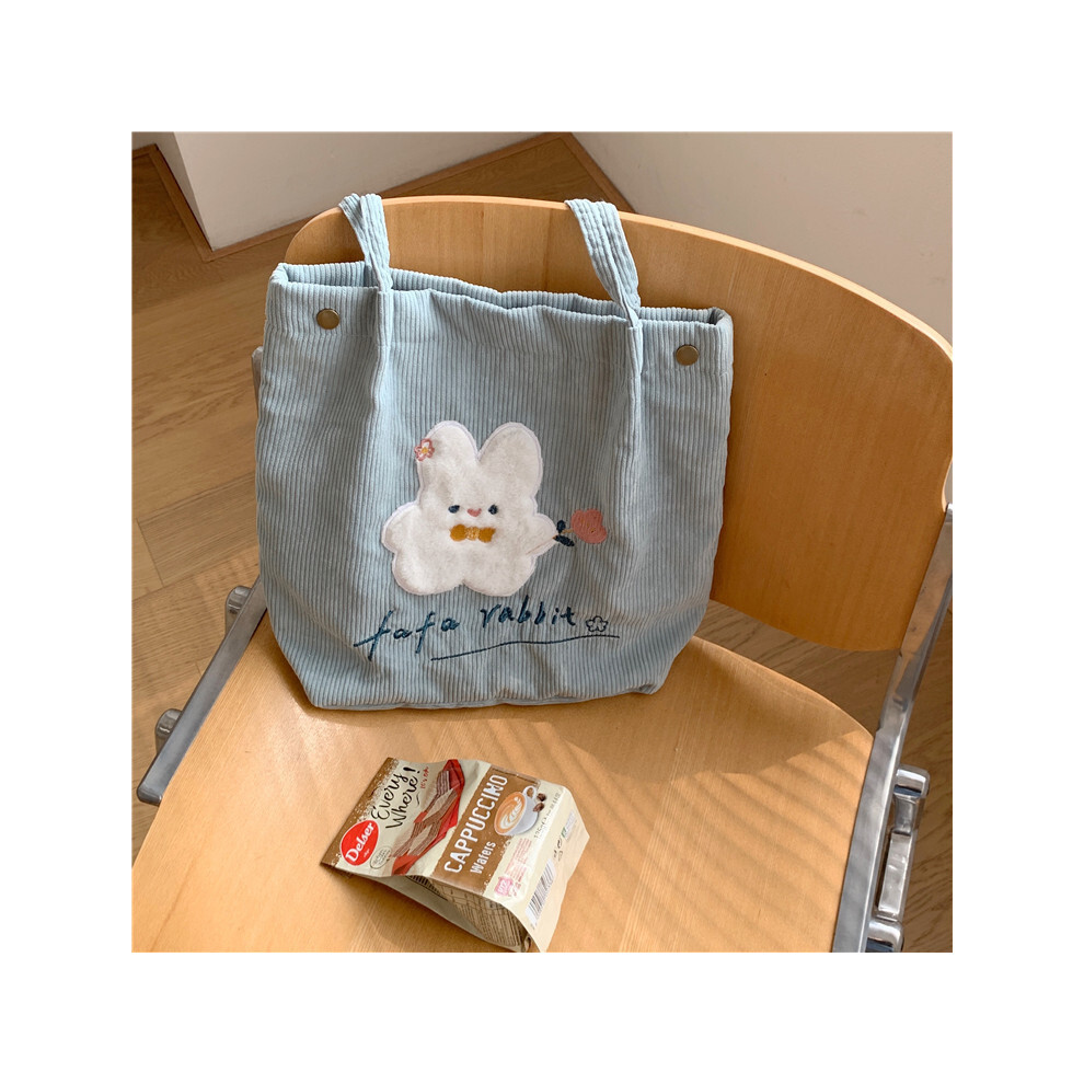 (Bow Rabbit Blue) Elegant Canvas Lined Corduroy Bag For Everyday Use Sweet Japanese Style Tote